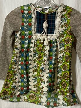Girls' Green Floral Patchwork Tassel Long-Sleeve Top/tunic